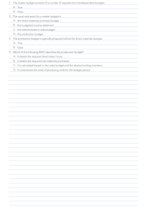 Master Budget Quiz Questions and Answers