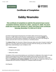 WHMIS Certificate of Completion - University of Alberta