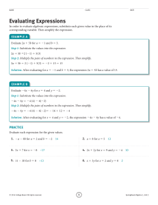 Evaluating Algebraic Expressions - SpringBoard Algebra 1