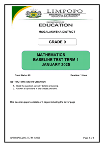 Grade 9 Math Baseline Test Term 1 2025