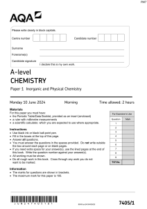 AQA A-level Chemistry Paper 1 2024 Exam