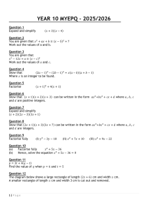 Year 10 Math Worksheet: Algebra Questions and Answers