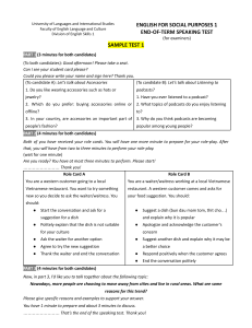 English for Social Purposes 1 Speaking Test Sample