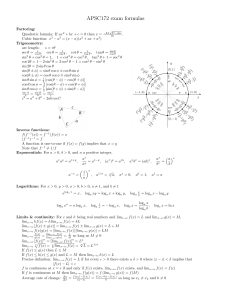 APSC172 Exam Formulas: Math, Trig, Calculus