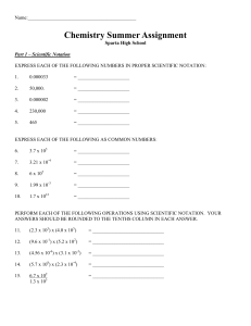 Chemistry Summer Assignment: Scientific Notation, Density, Dimensional Analysis