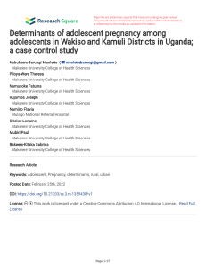 Determinants of Adolescent Pregnancy in Uganda: Case-Control Study