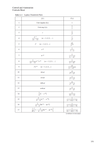Control and Automation Formula Sheet: Laplace Transforms