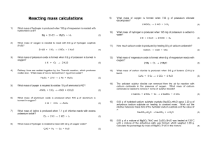 Chemistry Reacting Mass Calculations Worksheet