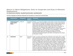 Return to Work Obligations: Stakeholder Submissions Summary