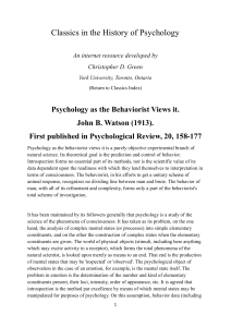 Psychology as the Behaviorist Views It (1913)