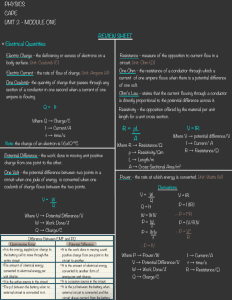 Physics CAPE Unit 2 Electrical Quantities Review Sheet