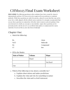 CHM1025 Final Exam Worksheet Practice Questions