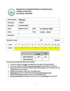 University of Sharjah Physics 2 Midterm Exam 2024