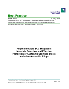 Saudi Aramco Best Practice: Polythionic Acid SCC Mitigation
