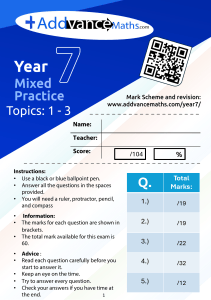 Year 7 Math Practice Exam: Topics 1-3
