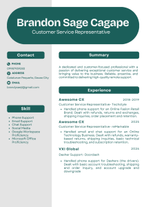 Brandon Sage Cagape Customer Service Resume