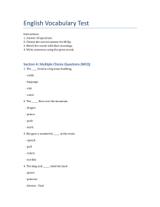 English Vocabulary Test with MCQs, Matching, and Sentence Writing