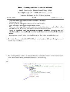 ENDG 407 Sample Midterm Exam: Computational Numerical Methods