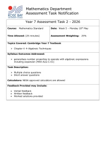 Year 7 Math Assessment Task 2 2026 - Algebraic Techniques