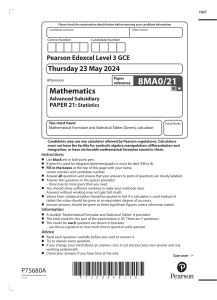 Edexcel GCE Maths Statistics Exam Paper 21