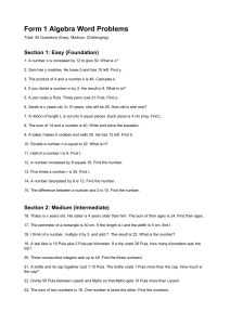 Form 1 Algebra Word Problems Worksheet