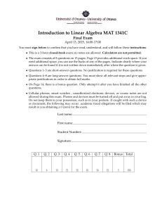 University of Ottawa MAT 1341C Linear Algebra Final Exam