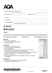 AQA A-level Biology Paper 1 June 2025 Exam