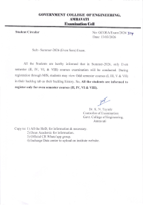 Summer 2026 Even Semester Exam Circular - Govt College of Engineering Amravati