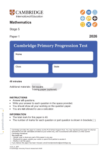 Cambridge Primary Progression Test Mathematics Stage 5 Paper 1 2026