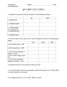 Chemistry pH Worksheet: Calculate pH, pOH, [H+], [OH-]