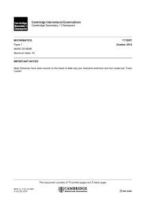 Cambridge Secondary 1 Checkpoint Math Paper 1 Mark Scheme 2016
