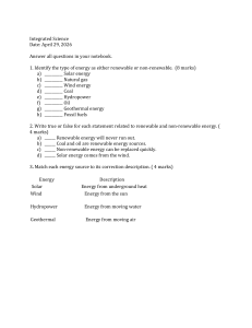 Integrated Science Worksheet: Renewable vs Non-Renewable Energy