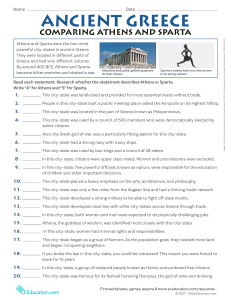 Ancient Greece: Athens vs Sparta Worksheet
