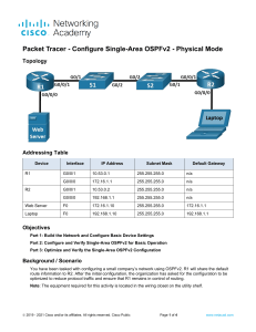 Configure Single-Area OSPFv2 in Packet Tracer - Physical Mode Lab
