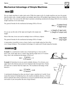 Mechanical Advantage of Simple Machines Worksheet