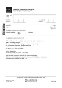 Cambridge Secondary 1 Science Paper 1 October 2016