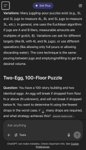 Two-Egg, 100-Floor Puzzle & Jug Pouring Puzzles