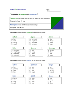 Beginning Synonyms and Antonyms Worksheet #2