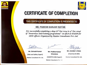 Certificate of Completion - QRA & HAZOP Training for OISD Officers