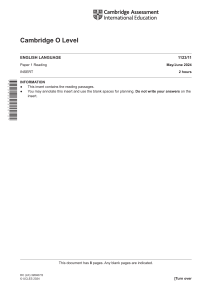 Cambridge O Level English Language Paper 1 Reading 2024