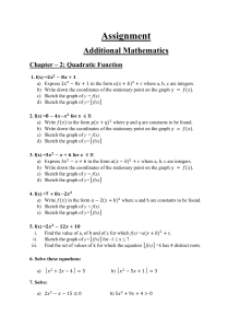 Additional Mathematics Assignment: Quadratic Functions
