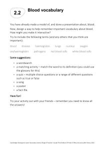 Blood Vocabulary Activities - Cambridge Stage 8