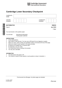 Cambridge Lower Secondary Checkpoint Mathematics Paper 2 April 2025