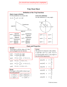 Foglio di riferimento trigonometrico: definizioni, formule, cerchio unitario