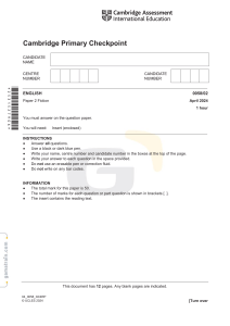 Cambridge Primary Checkpoint English Paper 2 Fiction 2024