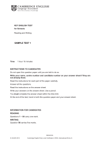 Key English Test for Schools Sample Test 1 Reading and Writing