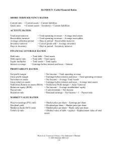 Useful Financial Ratios Handout: Key Formulas
