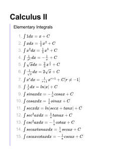 Calculus II Elementary Integrals Formulas