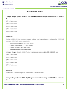 Budget 2026-27 MCQs Questions Answers