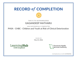 PHSA CHBC Course Completion Certificate: Children & Youth Clinical Deterioration